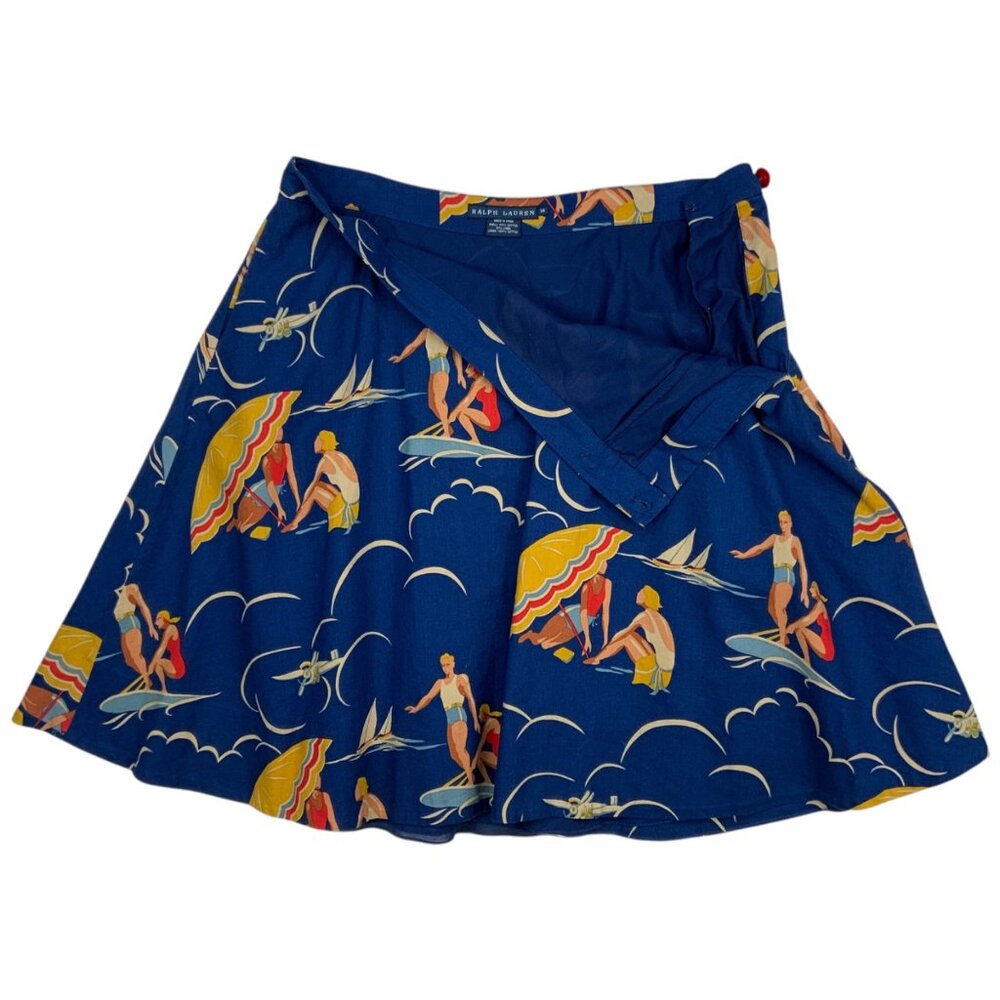 Ralph Lauren Mikaela Retro Print Skirt 14 Blue Novelty Mini Pockets Rare Resort - Picture 3 of 11